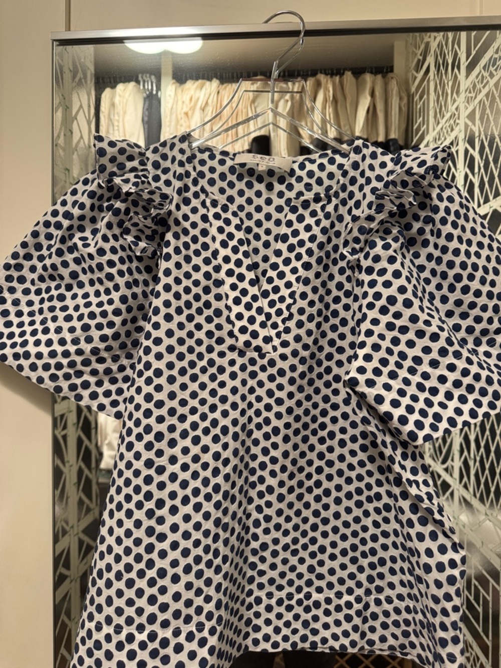 Sea New York White and Navy Polka Dot Puff Sleeve Blouse